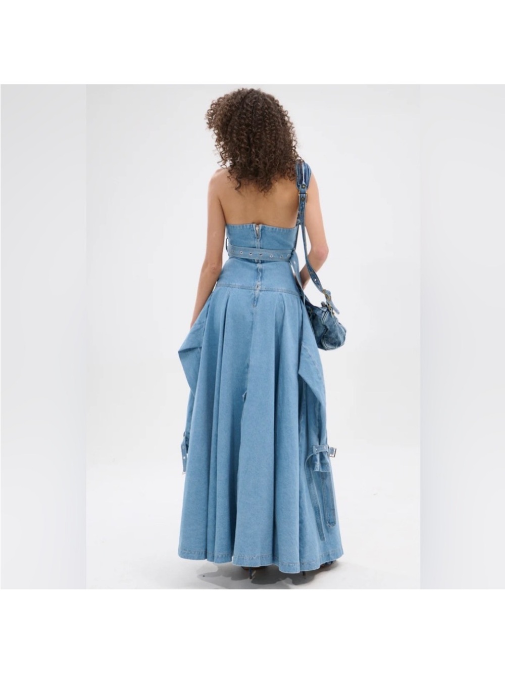 AKIRA Light Blue Denim Strapless Maxi Dress with Belt - Picture 2 of 4